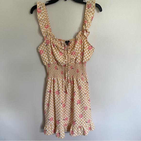 Juniors Lily Rose Mini Dress Size Large Check Floral Sleeveless Smocked Ruffle - Picture 1 of 16